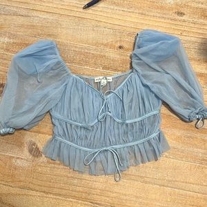 For Love & Lemons Blue Mesh Puffy Sleeve Shirt